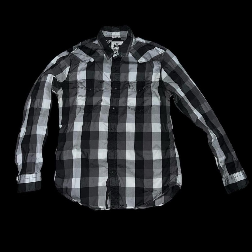 Vintage men’s Express Black/white checkered long sleeve shirt with a grunge vibe